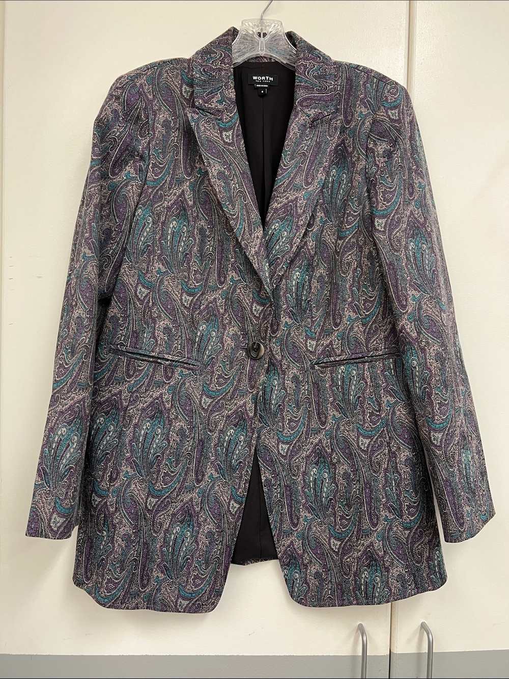 Worth New York Purple and Teal Paisley Blazer Jacket Office Statement Luxe